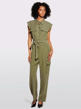 Monteau Olive Utility Shirt Jumpsuit with Tie Waist